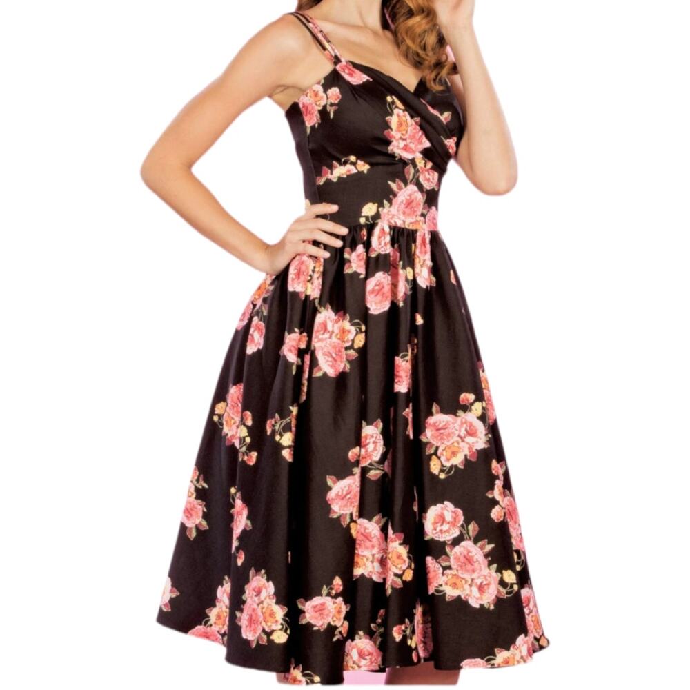 Stop Staring Alicia Estrada Arana Swing Dress Black Pink Floral Fit & Flare S